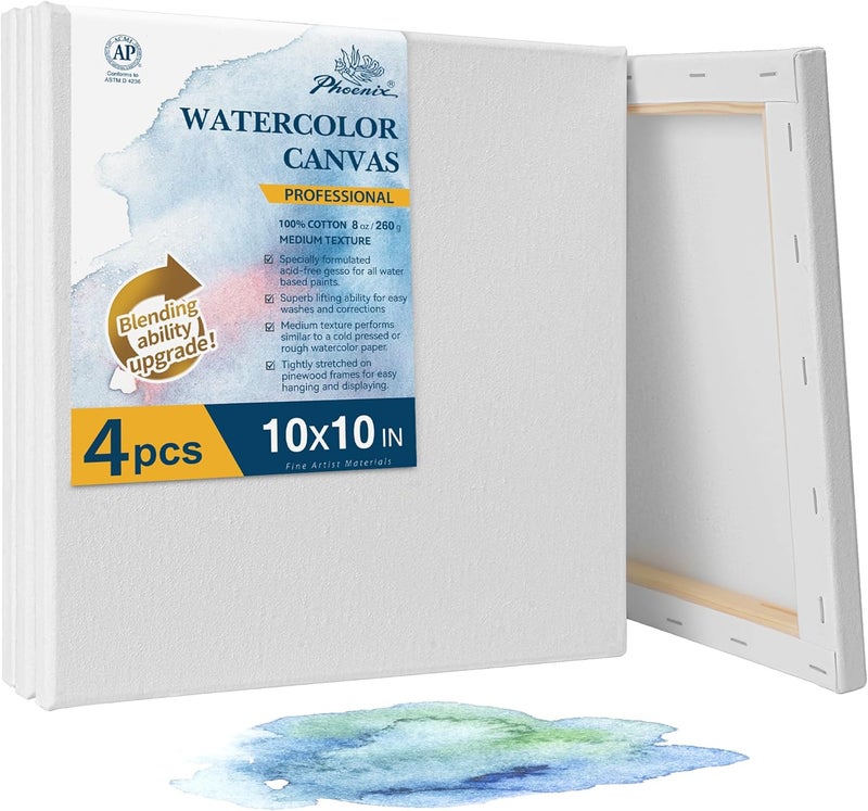 Phoenix Professional Stretched Watercolor Canvas - 10x10 Inch/4 Pack, 100% Cotton Water Color Canvases for Painting, 8 Oz. / 260g White Blank Medium Texture Canvas for Water Based Paints - Image 1